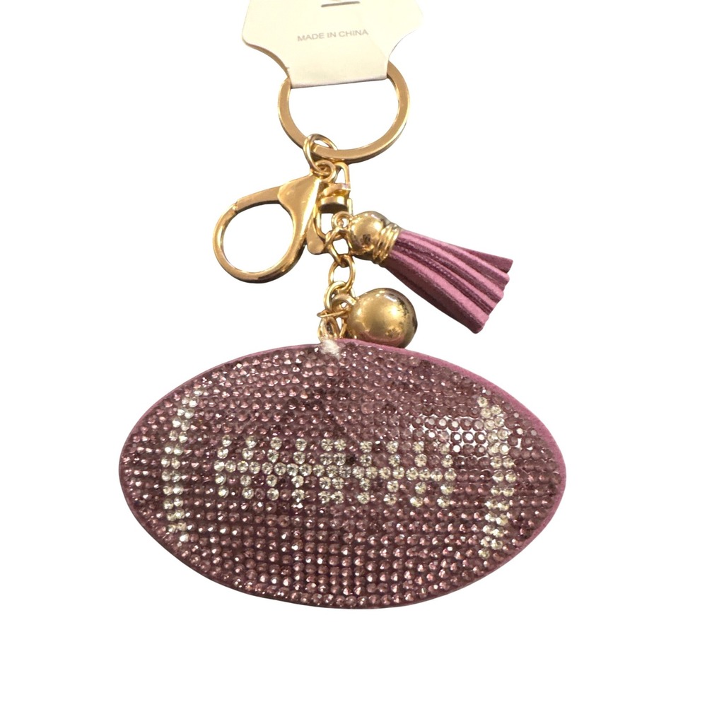Pink Rhinestone Football Keychain Bag Charm with Tassel Gold Tone Hardware NWT